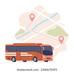 Tour bus and map with traffic navigation route location marker scheme. Vector flat illustration for passenger traffic service