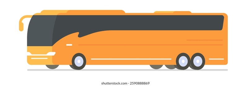 Tour bus modern big travel business coach vehicle icon vector graphic illustration side 3d view, large tourist trip charter luxury transportation yellow orange flat cartoon isolated cut out single 