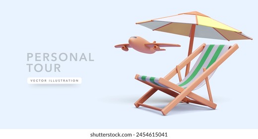 Tour concept poster in 3d realistic style with chair, airplane, umbrella. Vector illustration