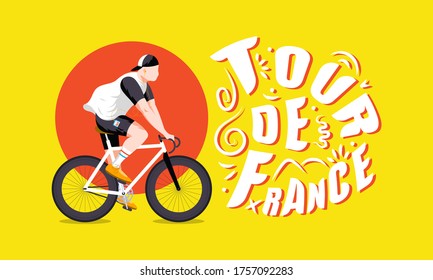 Tour de France men's multiple stage bicycle race horizontal vector illustration with bike racer on yellow background.