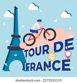 Tour de France multi stage bicycle race vector illustration. Illustration of a bicycle racer and the Eiffel Tower on a blue background