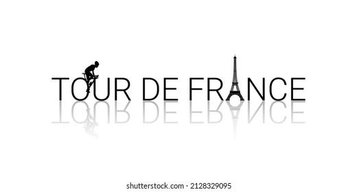 Recorrido de francia del texto del título sobre fondo blanco. Tipografía, reflexión en la sombra y bicicleta. Concepto del Tour de France.