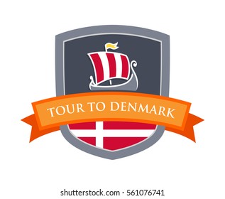 Tour to Denmark, Emblem with Illustration of Viking's Scandinavian Drakkar Ship.