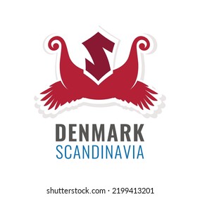 Tour to Denmark, Scandinavia. Vector Badge with crow wings, Nordic Drakkar ship and Letter isolated on white background. Emblem colored in colors of Danish National flag.
