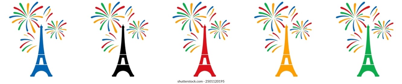 Tour Eiffel Et Feu D’artifice Conjunto de iconos de Colore Vector.