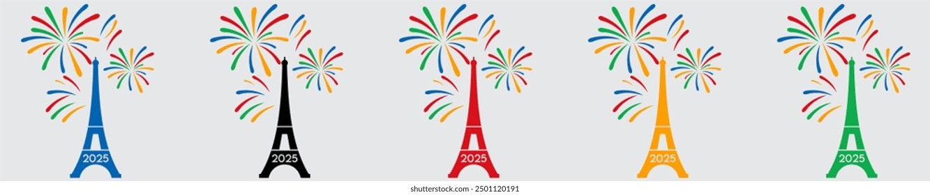 Tour Eiffel Et Feu Diferentes Colores 2025 conjunto de iconos Vector.