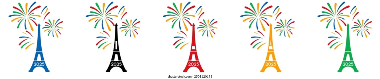Tour Eiffel Et Feu Different Colore And Different Style 2025 icon set vector.