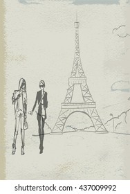 tour Eiffel romantic illustration heart frame drawing water color paints and crayons, crayon, paint drops background texture vector
