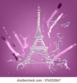 tour Eiffel romantic vector illustration heart frame drawing water color paints and crayons, crayon, paint drops background texture