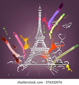 tour Eiffel romantic vector illustration heart frame drawing water color paints and crayons, crayon, paint drops background texture