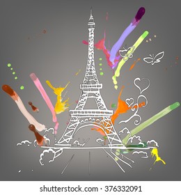tour Eiffel romantic vector illustration heart frame drawing water color paints and crayons, crayon, paint drops background texture