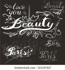 tour Eiffel romantic vector illustration heart frame drawing water color paints and crayons, crayon, paint drops background texture