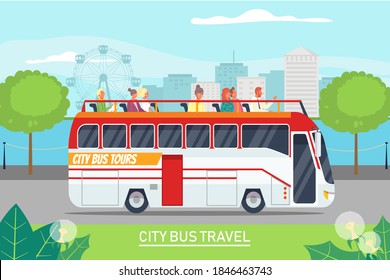 Tour excursion, tourist journey by bus, vector illustration. Flat people in tourism trip, holiday travel in city. Man woman traveler character at open transport, summer cartoon attraction service.