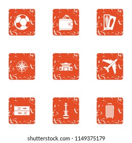 Tour flight icons set. Grunge set of 9 tour flight vector icons for web isolated on white background