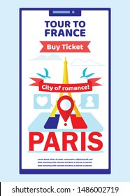 Tour to France Mobile App Page Onboard Screen for Website, Paris Eiffel Tower with Gps Geolocation Mark, National Flag and Social Media Icons Heart and Profile, Travel Cartoon Flat Vector Illustration
