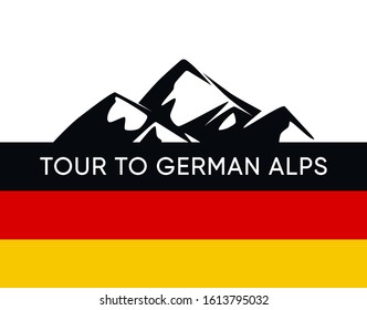 Tour to German Alps Emblem with Caption, Flag pole and copy space. Black Vector Logo Illustration with Alpine Mountains for Deutsch Travel company.