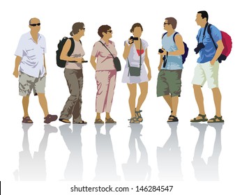 Tour group, tourists on a trip. Set of people silhouettes.