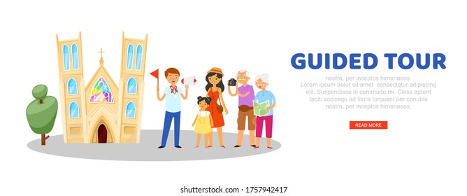 tour guide, advertising banner, tourist website, travel information portal, journey vacation, cartoon style vector illustration. Men, women sightseeing tours, people explore sights, poster travelers.