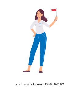 A tour guide brunette caucasian attractive young woman or girl holding a red flag. Tourism and travel, tour guide woman in pants, flat vector illustration isolated on white background.