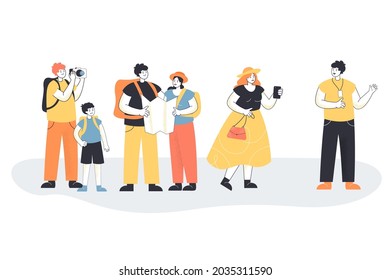 Tour guide cartoon character telling tourists about city. Group of people on sightseeing trip, man and woman looking at map flat vector illustration. Tourism, vacation, traveling concept for banner