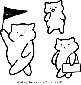 Reiseführer Katzen mit Flagge | Cute Line Art Vektor | Urlaubsthema