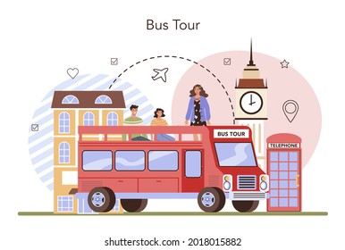 Tour guide concept. Bus tour, tourists listening to the history of the city and attractions. Tour entertainment, city excursion. Flat vector illustration