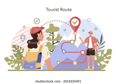 Tour guide concept. Tourists following a wild route. Hiking tour, wildlife tourism. Active leisure. Flat vector illustration