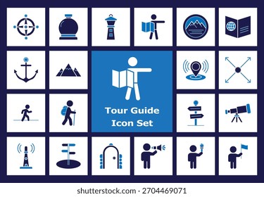 Conjunto de iconos planos de guía turística: mapa, brújula, telescopio, pasaporte, ancla, ubicación, señales, caminar, senderista, megáfono. Vectores de viaje y navegación.