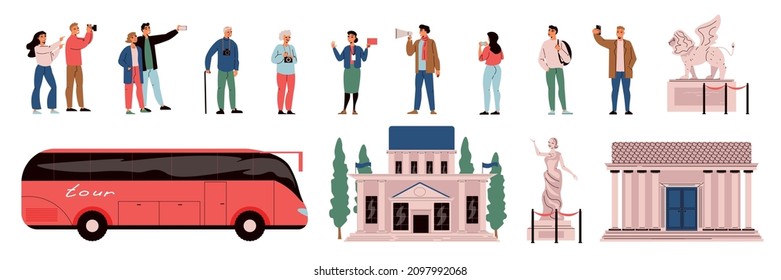 Tour guide flat set of tourist group sightseeing bus historical and cultural sights isolated vector illustration