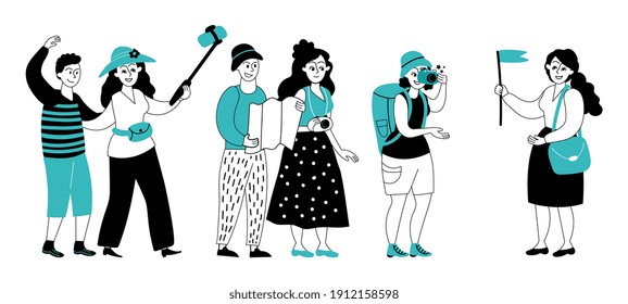 Tour guide. Flat travel group, tourist tours or sightseeing excursion. Isolated characters on vacations, travellers with decent backpack vector concept