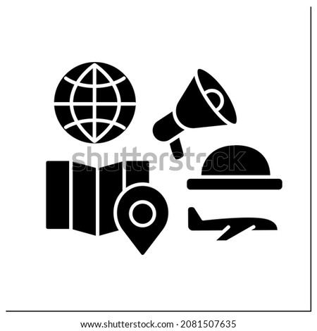 Tour guide glyph icon. Organization group traveling. Finding location, excursion.Small business owner concept. Filled flat sign. Isolated silhouette vector illustration