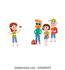 Tour guide with group of tourists, cartoon vector illustration isolated on white background. Group of tourists listening to young, pretty girl guide telling something interesting, sightseeing