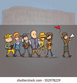 Tour guide with group of turists. Hand drawn cartoon vector illustration