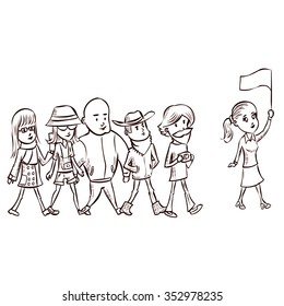 Tour guide with group of turists. Hand drawn cartoon vector illustration