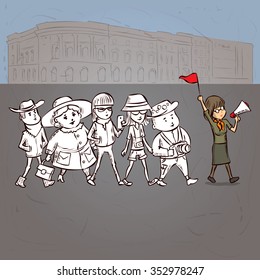 Tour guide with group of turists. Hand drawn cartoon vector illustration