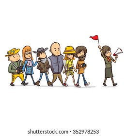 Tour guide with group of turists. Hand drawn cartoon vector illustration