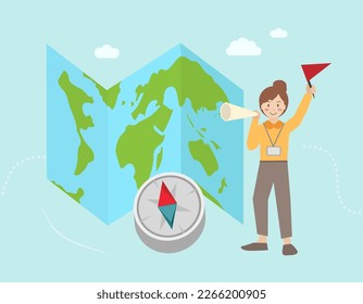 Tour guide holding flag. Sightseeing, visiting, Tourism, excursion, adventure, city trip concept.