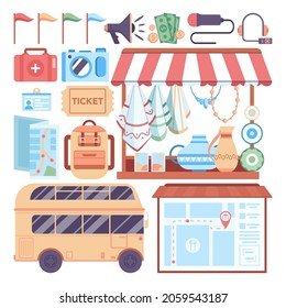 Tour guide items set. Touristic entertainment equipment. Tour bus and map, museum tickets. Idea of city traveling. Tourist site and attractions. Isolated vector illustration