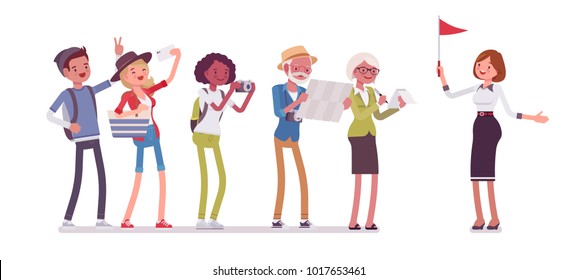 Tour guide lady and group of tourists. Female showing people places of interest, explains details about city or country they visit. Vector flat style cartoon illustration isolated on white background