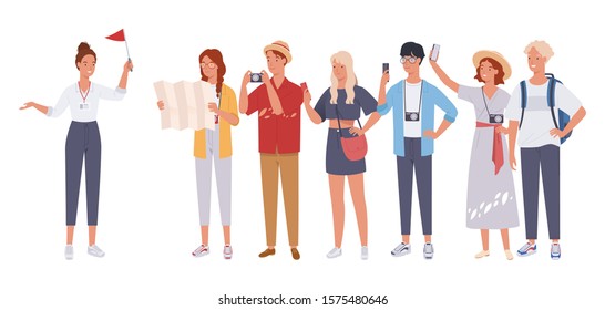Tour guide lady and group of tourists. Vector illustration in a flat style