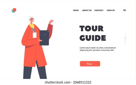 Tour Guide Landing Page Template. Educated Senior Historian in Museum Conduct Educational Lecture about Ancient Times, Art, Past Ages. Female Character with Tablet in Hand. Cartoon Vector Illustration