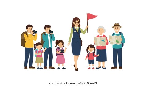 A tour guide leads a diverse group of tourists on a sightseeing adventure.