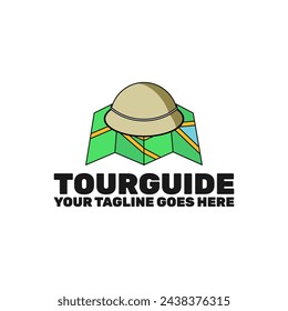 tour guide logo template , a geographical map with tourist hat
