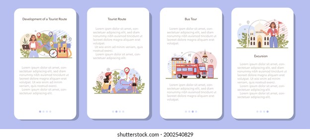Tour guide mobile application banner set. Tourists listening to the history of the city and attractions. Tour entertainment, city excursion and wildlife tourism. Flat vector illustration