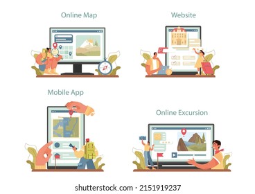 Tour guide online service or platform set. Tourist route system development, city excursion and wildlife tourism. Online map, excursion, mobile app, website. Flat vector illustration