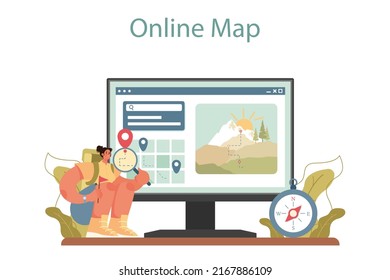 Tour guide online service or platform. Tourist route system development, city excursion and wildlife tourism. Online map. Flat vector illustration