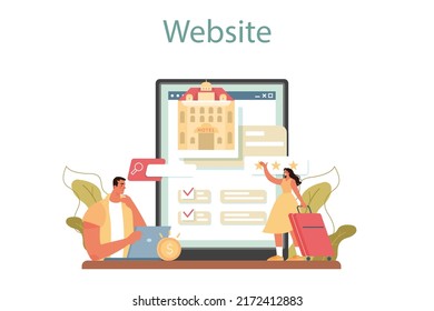 Guía de visitas al servicio en línea o plataforma. Desarrollo del sistema de rutas turísticas, excursiones por la ciudad y turismo de vida silvestre. Sitio web. Ilustración vectorial plana