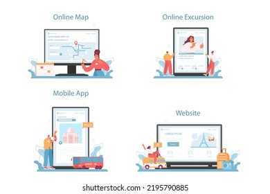 Tour guide online service or platform set. Tourists listening to the history of the city through audio guide or with interpreter. Online map, excursion, mobile app, website. Flat vector illustration