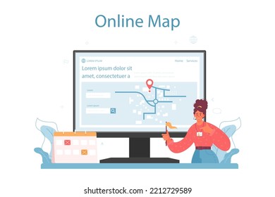 Tour guide online service or platform. Tourists listening to the history of the city through audio guide or with interpreter. Online map. Flat vector illustration