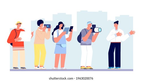 Tour guide. People travel vacation, happy woman lifestyle. Tourists with cameras, excursion group. City adventure, young travellers utter vector concept